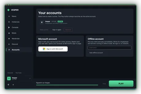 Vesper's accounts screen offering Microsoft sign-in for online servers and offline profiles for singleplayer
