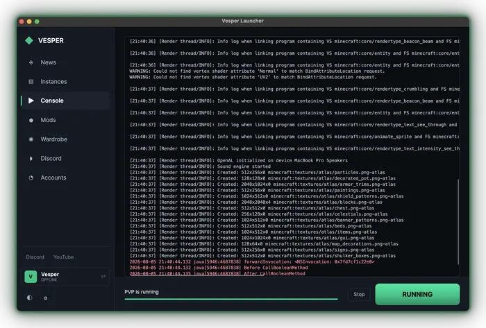 The live game console streaming output while the PVP instance runs
