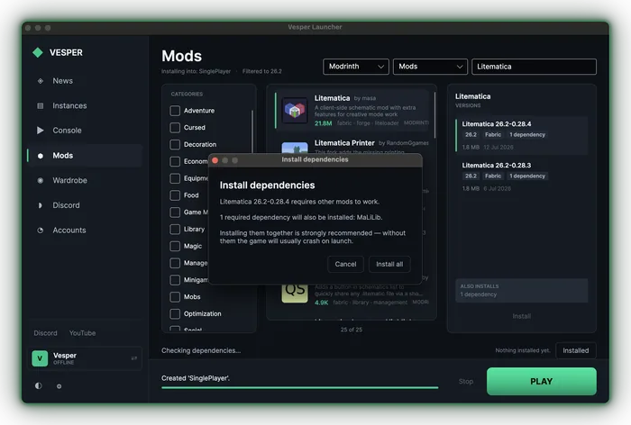 Vesper's install-dependencies dialog listing the required library it will pull in alongside the mod