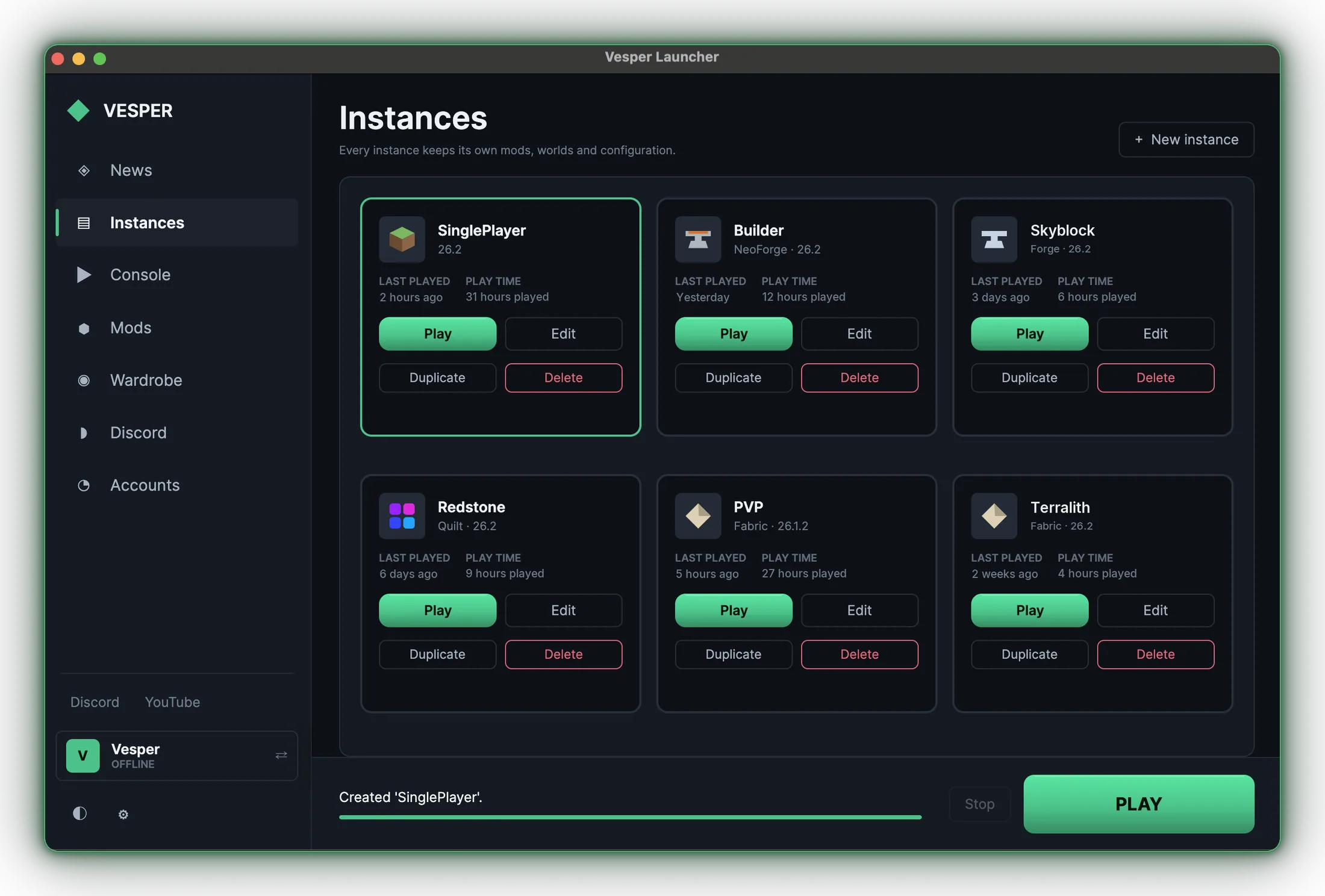 Vesper Launcher showing six Minecraft instances — SinglePlayer, Builder, Skyblock, Redstone, PVP and Terralith — each with last-played time, play time and Play, Edit, Duplicate and Delete actions