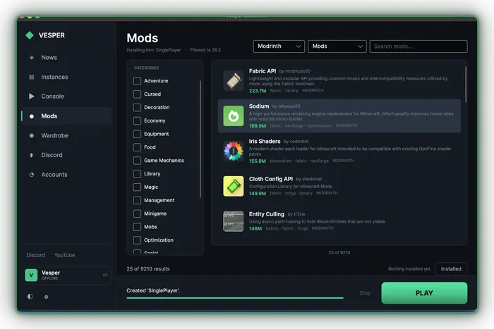 Unified search across Modrinth and CurseForge, filtered to the instance's loader and game version