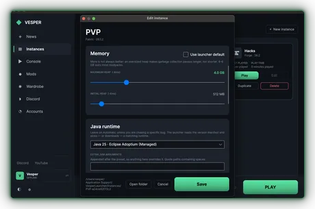 Vesper's per-instance settings with heap size sliders and an automatic Java runtime selector