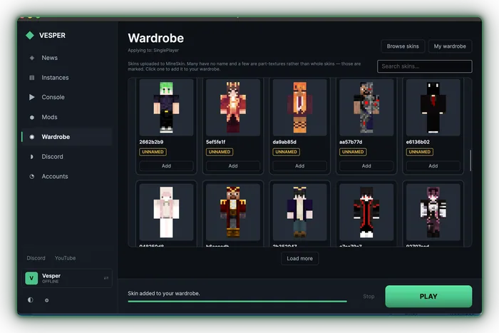 Vesper's skin browser showing a grid of community skins that can be added to your wardrobe