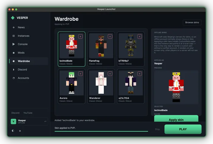 Vesper's Wardrobe tab with a saved skin selected and a live preview of the character model